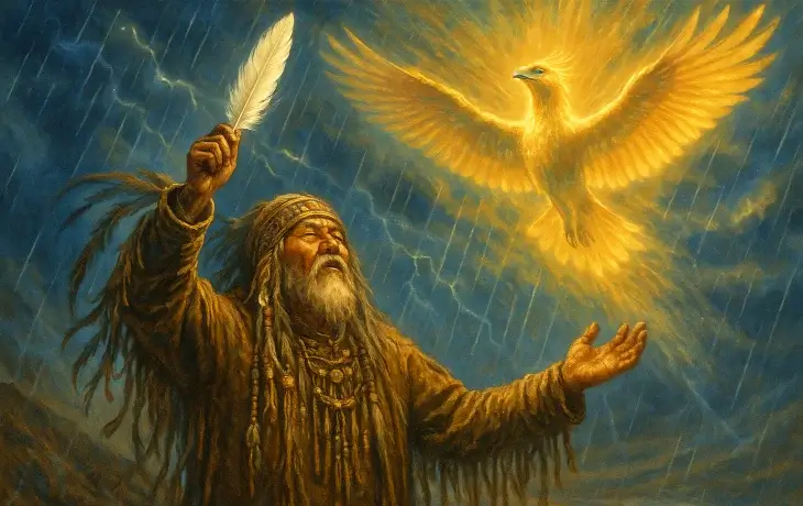 Şamanın elinde beyaz tüy tutarak göğe baktığı, üzerinde altın renkli kutsal kuş Ülgür’ün belirdiği sahne